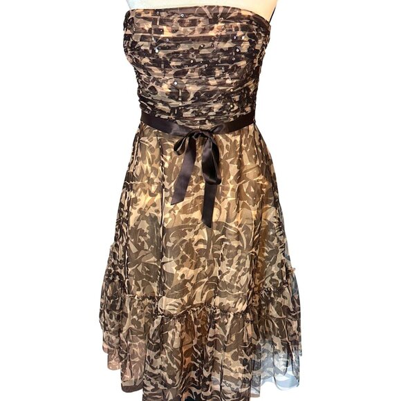Vintage Y2K BCBGMaxAzria Strapless Dress Medium Petite Mesh Tulle Brown - Picture 13 of 13